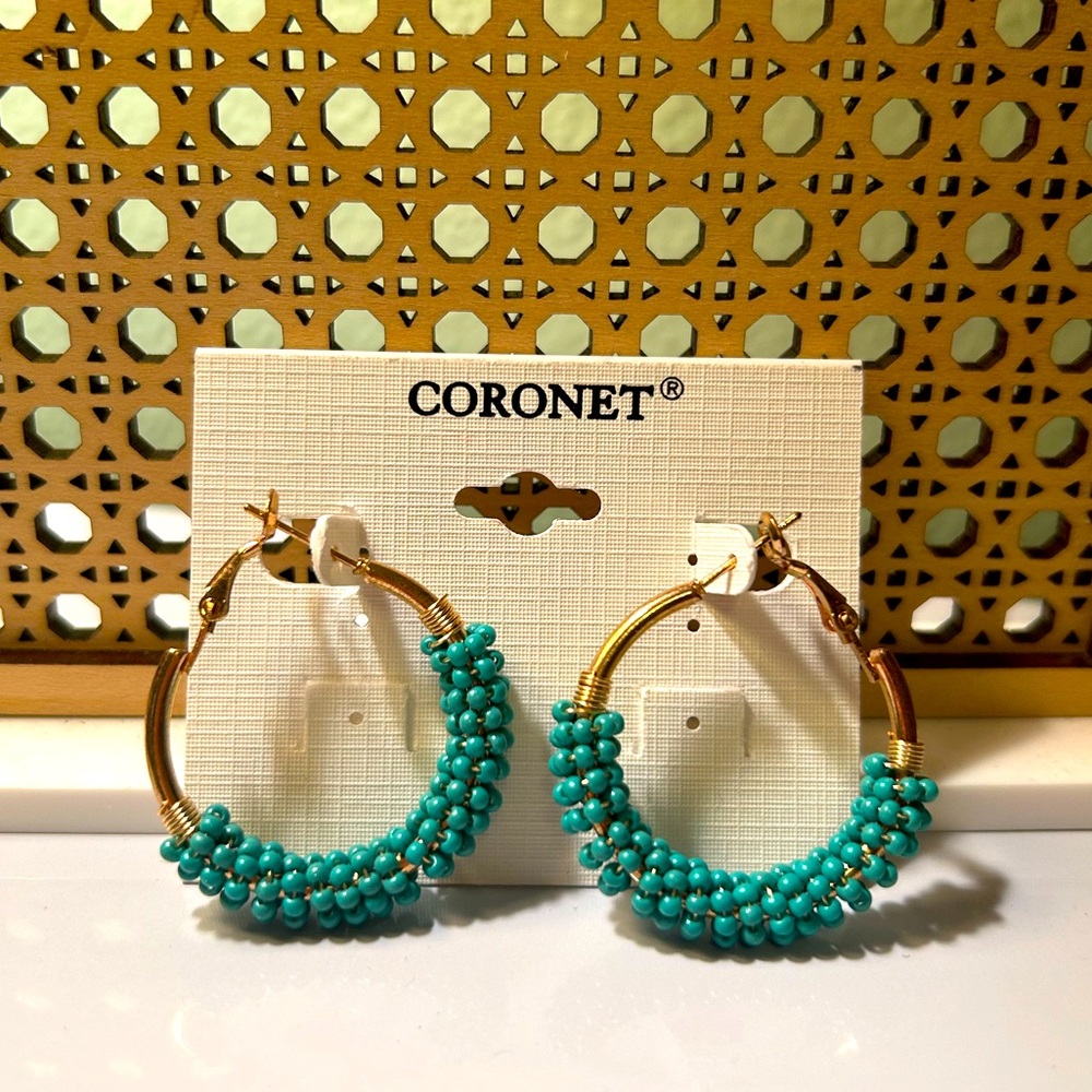 NWT Gold and Turquoise Beaded Hoop Earrings